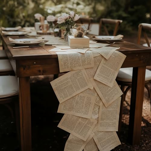 Tinlade Vintage Table Runner Book Pages Wedding Literary Themed Table Runner DIY Journal Paper Tabletop Decor Set 114 Page with Scissor Tape for Book Lover Bridal Baby Shower Party Decor(Khaki Color)