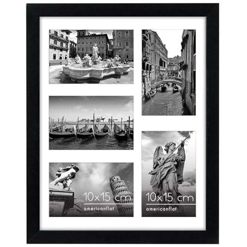 Americanflat Bilderrahmen Collage 10x15 cm Schwarz - Bilderrahmen 28x36 cm mit Passepartout für Fünf 10x15 cm Fotos - Fotorahmen für Mehrere Bilder der Familie - Verbundholz mit Bruchsicherem Glas