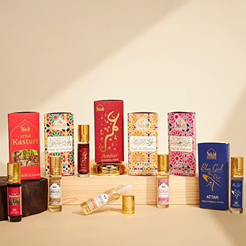 Dukhni Pure Attar Oil (CPO) Blends - Alcohol Free, Vegan & Pure. Set of 6 x 6ml (0.2 Fl Oz Each) - Oud Al Ibtisam, Oud Al Khaleeji, Oud Al Habayeb, Kasturi XX (Black Musk), Ambar, Blue Girl