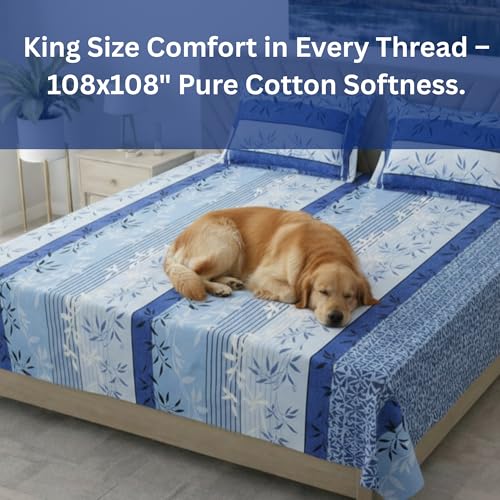 Image of Mafatlal 186 TC Grandious King Size Cotton Bedsheet | 108 x 108 Inches | Breathable Lightweight Summer Bed Sheet with 2 Pillow Covers | Fade Resistant | Strong Blue