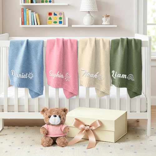 Image of Personalized Baby Blanket with Optional Teddy Bear, Custom Knit Blanket Embroidered with Name, 30x40in Custom Baby Gifts for Boys and Girls, Newborn for Boy /Girl