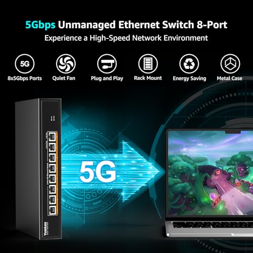 Image of YuanLey 8-Port 5G Ethernet Switch, 8 x 5Gbps RJ45 Ports, Support 5G /2.5G /1G /100Mbps Speed Auto-Negotiation, 80Gbps Switching Capacity, Unmanaged Switch Rackmountable, Plug and Play