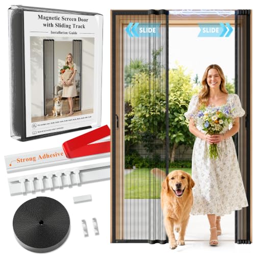 Sliding Magnetic Screen Door with Sliding Rail Fits 32 x 80 Door Classic Center-Opening Scratch-Proof Polyester Mesh Retractable to Both Sides Hands-Free Entry with Maximizes Usable Space