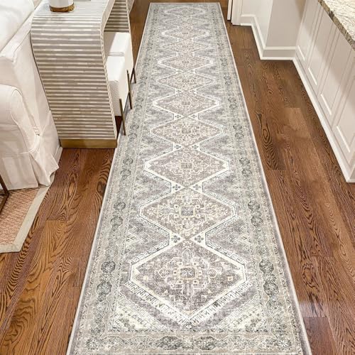 KUTA Ivory Grey Yellow Washable Runner Rug 2.6x16, Non-Slip 16ft Extra Long Hallway Kitchen Rugs, Soft Printed Distressed Oriental Medallion 16ft Stair Runners Indoor for Bedroom Entryway