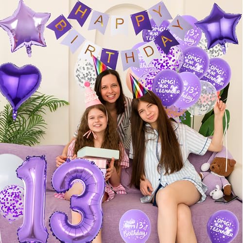 Purple 13th Birthday Decorations for Girls - Teenager Party Supplies Happy Birthday Banner, OMG UR A Teenager Foil Balloons Number 13 Balloon Cake Topper for 13 Year Old Teen by VeyoCraft - Used condition - Image 6