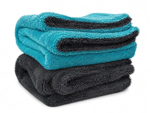 Image of OPTION ONE 1200 GSM Microfiber Cloth Car Cleaning Towel 60x40 cm 2 Pack Twisted Grey Blue Charcoal Grey Microfiber Towel Car Detailing Washing Drying Polishing