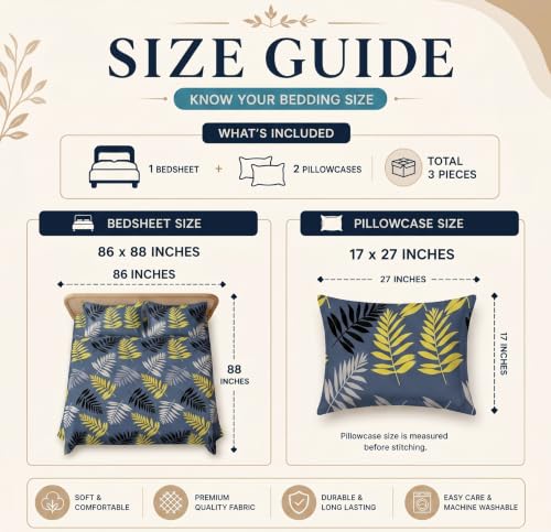 Image of HOMEKART Glace Cotton 160 TC Leaf Printed Double Bedsheet with 2 King Size Pillow Covers | Soft & Durable | 86 x 88Inches (Grey & Yellow)