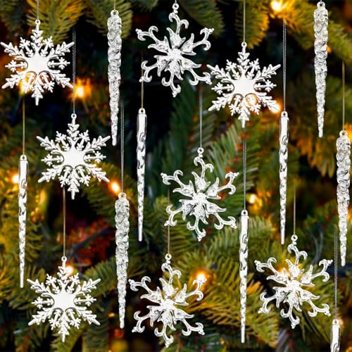 VGOODALL 36PCS Crystal Christmas Tree Ornaments, 4 Inch Snowflake Icicles Ornaments Set with Shatterproof Acrylic for Outdoor Party Tree Decorations and Craft