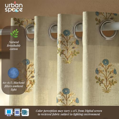 Image of Urban Space 100% Cotton Curtains with Gold Foil Print | Upto 60% Light Blocking Window Curtain 5 feet I Set of 2 Decorative Curtains with Eyelets and Tieback Included (Zari Mohar Blue Gold - 5 feet)