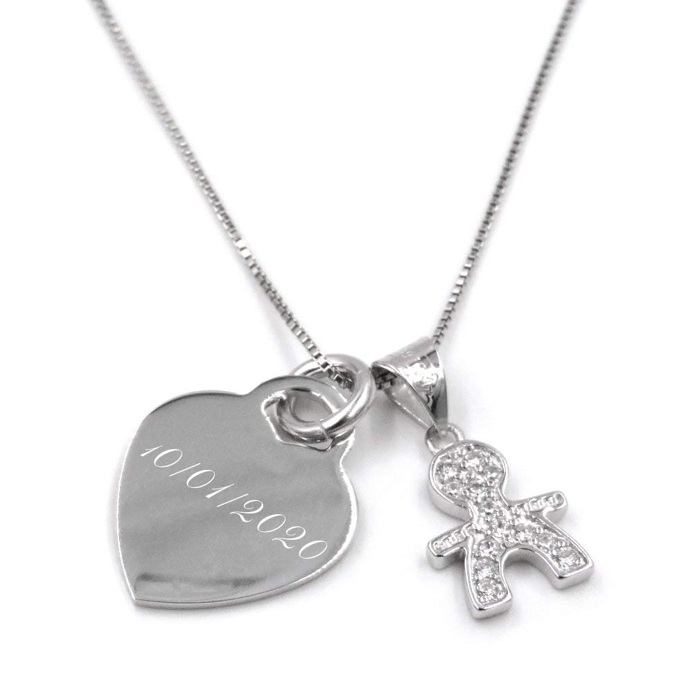 Collana Bebè Boy in Argento 925 e Zirconia Bianca con Medaglietta Cuore Personalizzabile con il nome del tuo Bambino