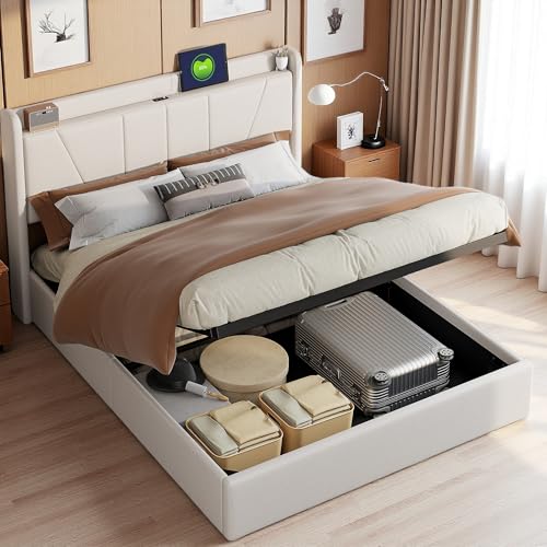 Lit Coffre 160x200 avec Rangement hydraulique, Lit Double Rembourré avec USB et Type C, Cadre de Lit avec sommier à Lattes, 2 Places pour Adulte & Adolescent, Beige Lin sans Matelas
