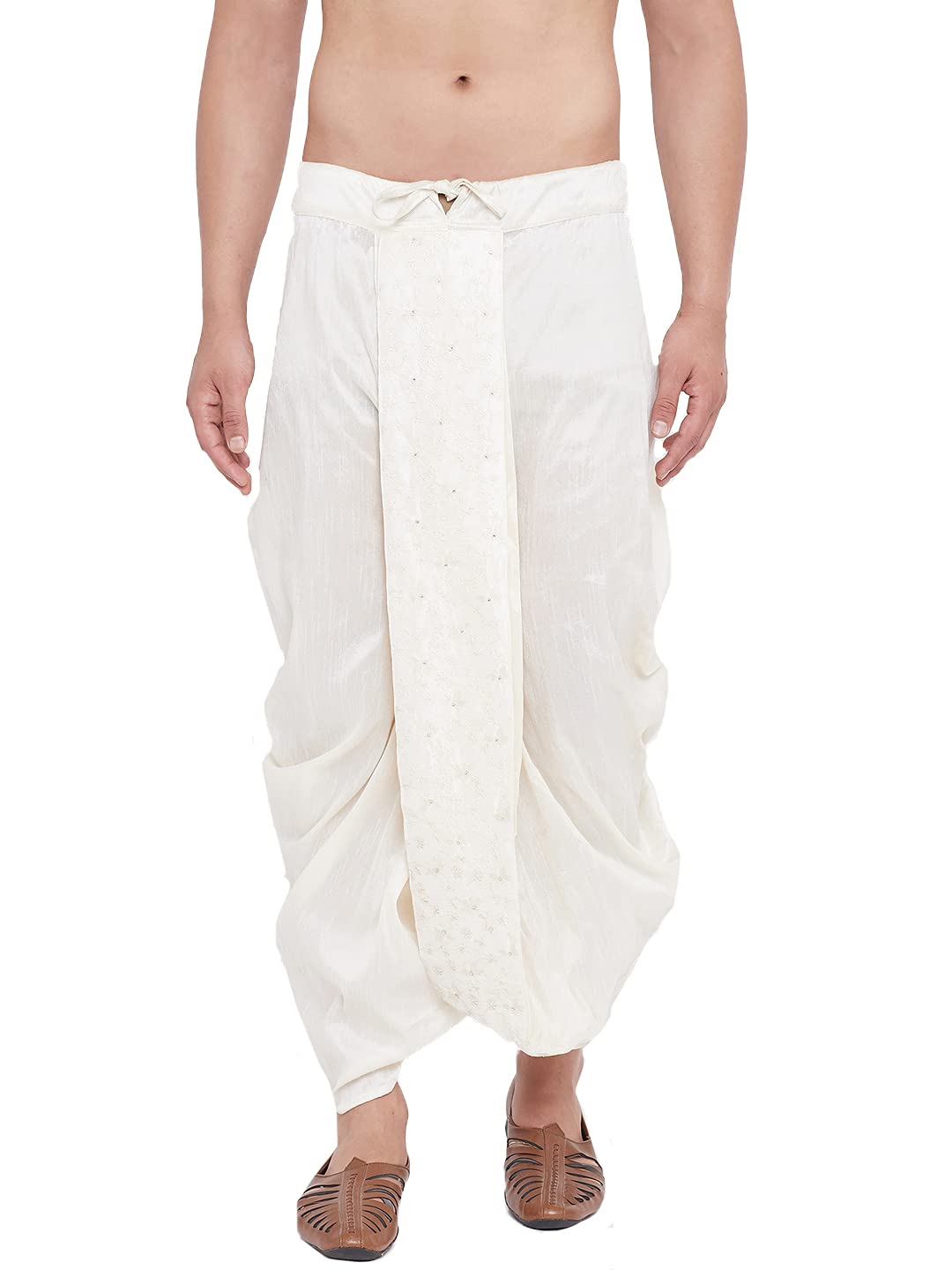VASTRAMAYMen's Cream Silk Blend Embroidered Dhoti Ready-to-Wear Traditional Dhoti with Golden Embroidery for Weddings, Festivals, and Casual Wear