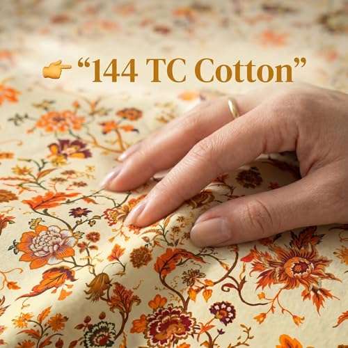 Image of Mafatlal Saanjh 144 TC Cotton Single Bedding 90x60 Inch | Elegant Floral Print | Smooth Airy Weave | Premium Bedroom Collection | Jaipuri Collection | Pillowcase Included | Cannoli Cream