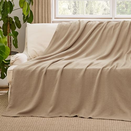 Image of Bedsure 100% Cotton Blanket, Herringbone Weave, Full, Light Brown