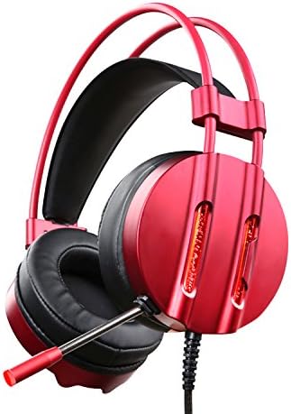 Gaming Headset with Mic for PC,PS4,Over-ear Headphones with Volume Control 3.5mm Wired Bass 7.1 Surround Stereo,Noise Reduction for Laptops,Smartphone,Computer Red LED Lighting