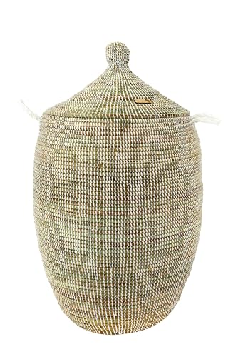 YAADU XXL Laundry Basket with Lid 110L - Woven Laundry Basket, African Basket, Large Storage Basket, Laundry Hamper with handles, Basket for Toys & Blankets, Modell Djariou (White)