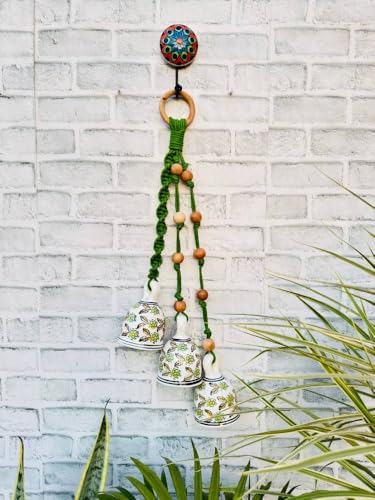 Image of Crafty Co. Decorative Wall & Door Hanging Toran with Bells for Home Entrances (Green)- Bunch of 3 Big Bells | Macrame Wall Hanging Toran for Diwali, New Year, Festive Decoration, Balcony & Door Decor