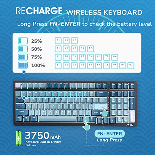 Rk Royal Kludge Rk98 Mechanical Gaming Keyboard Triple Mode 2.4G/Bt5.1/Usb-C 100 Keys Hot Swappable Linear Red Switches With Number Pad Rgb Backlit 3750Mah Battery Nkro Keyboard Ergonomic Design #TOP5
