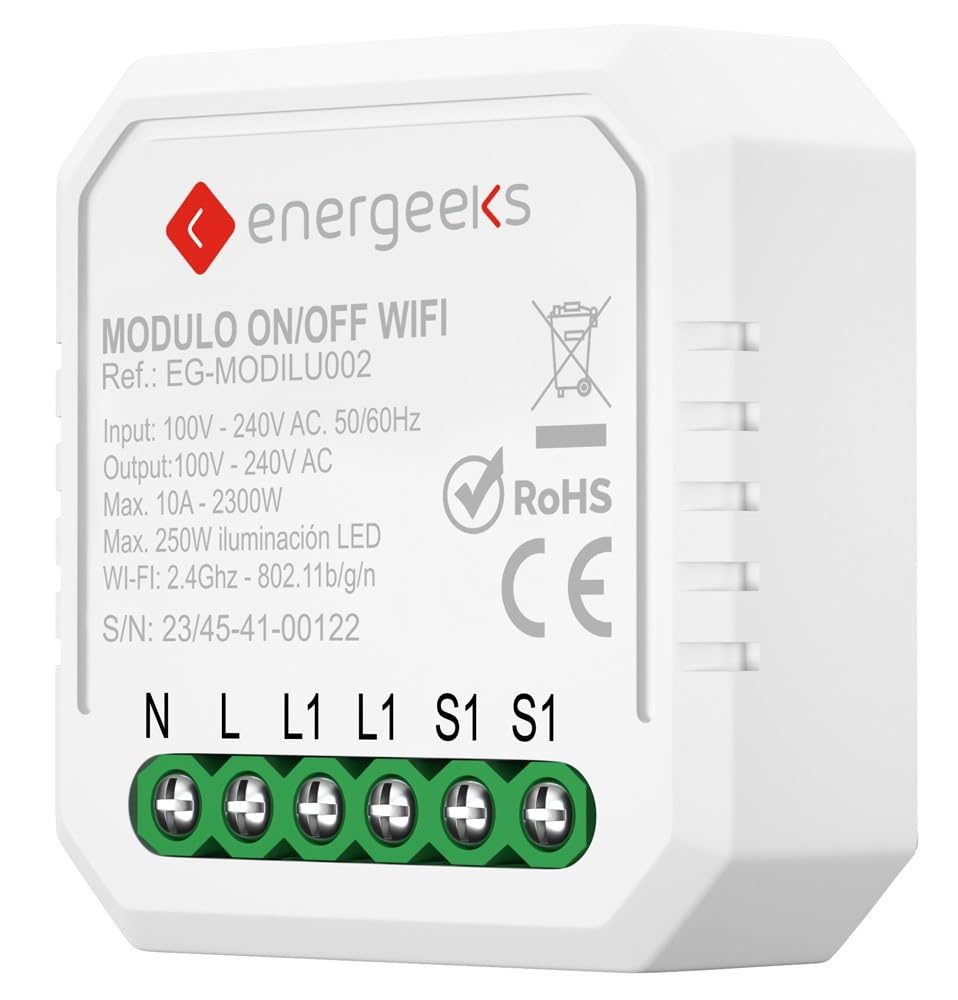 Energeeks - Módulo Interruptor WiFi Inteligente para Iluminación - Control a Distancia - Temporizador Integrado - Hogar Inteligente - Domótica - App Móvil - Compatible con Google y Alexa