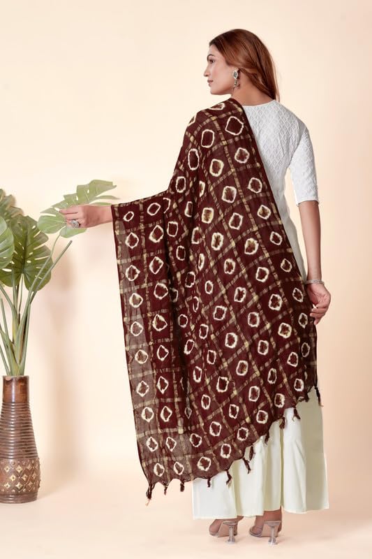 Image of Women Bandhani Dupatta | Traditional Chunri Print with Decorative Border | Lightweight Ethnic Stole for Festive and Wedding Wear
