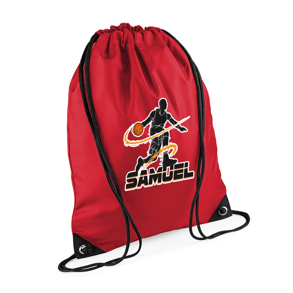 Personalised Basketball Player ANY NAME Sports Lover Gift for Men, Boy, Friend, Birthday present Drawstring Bag, PE Gym Kit Swimming, Sport Rucksack. (Classic Red) — image 1