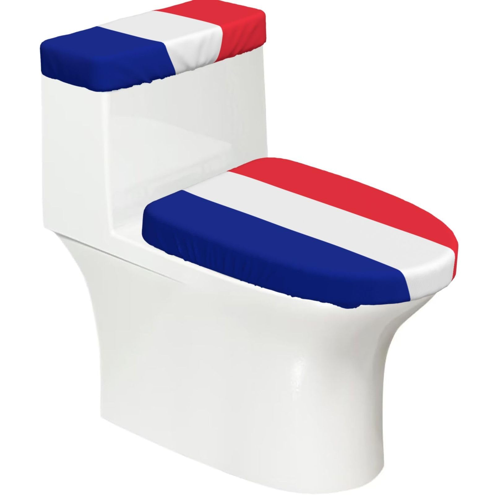French Flag Elastic Toilet Cover Set of 2-Stretchy Lid and Tank Covers for Bathroom, Soft Washable U Shape Toilet Decor
