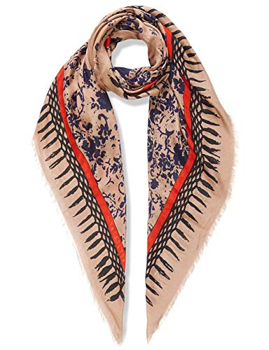 Echarpe beige VASSILISA avec imprimé floral chic et finitions franges pour femme