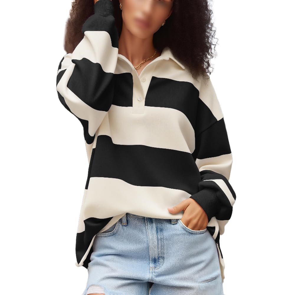 Y2k Women Striped Rugby Polo Shirt Long Sleeve Collared Oversized Vneck Sweatshirt
