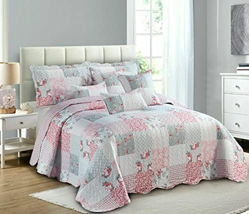 Householdfurnishing 3 Piece Printed Patchwork Bedspread Quilted Bed Throw Comforter with Pillow Shams (Check, Super King)