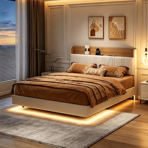 HYNHXBP Lit Suspendu 140x200 cm avec LED et USB, lit Double avec tête de lit Rangement, Cadre de lit rembourré PU Blanc avec sommier à Lattes métalliques,...