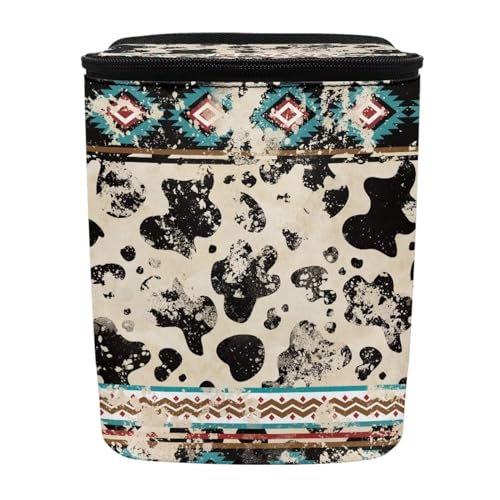 Image of Southwest Aztec Cow Car Trash Bag Foldable Hanging Car Trash Bin Can with Lid Portable Washable Automotive Garbage Storage Bag for Back Seat