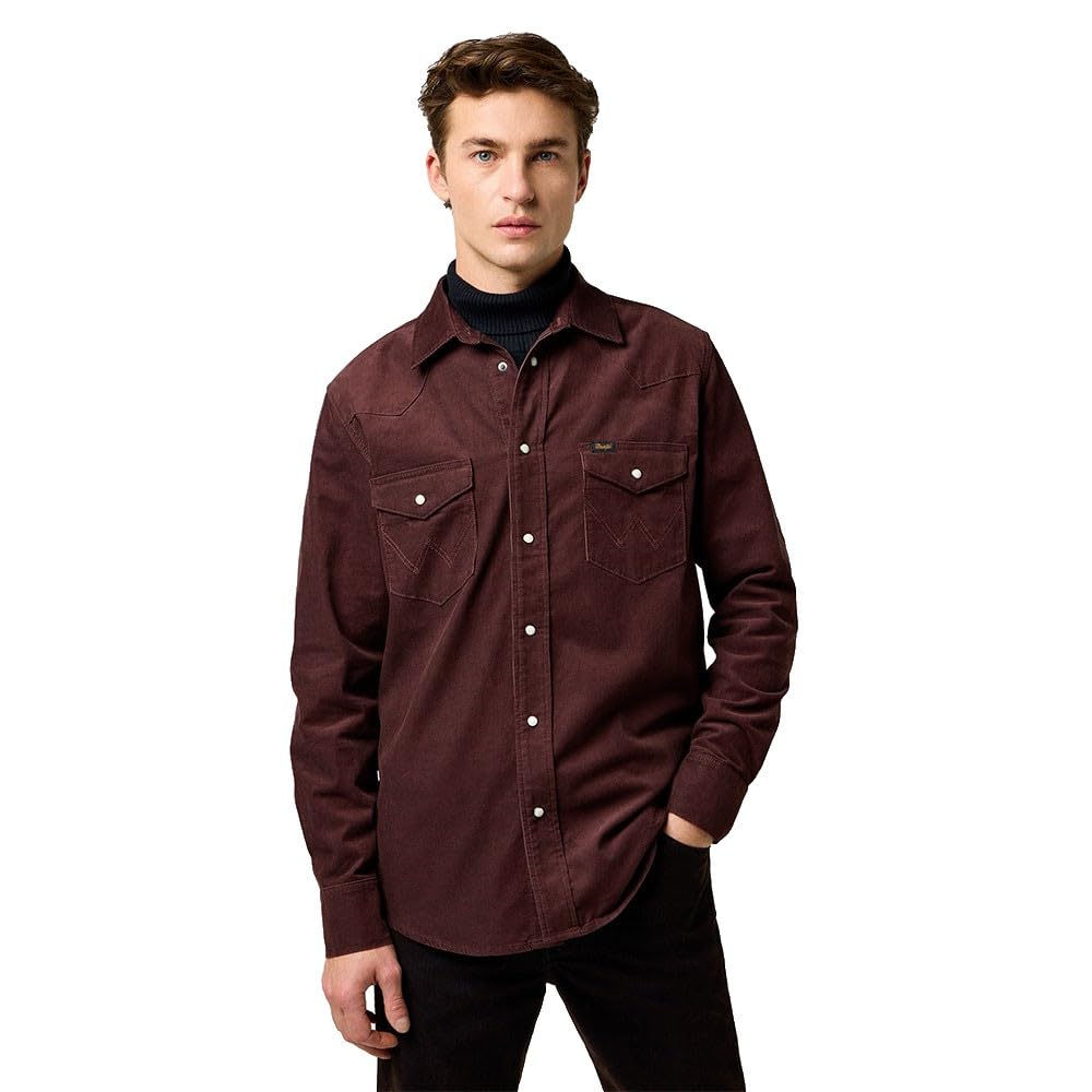 Wrangler Men's Western Cord Shirt, Mahogany, M