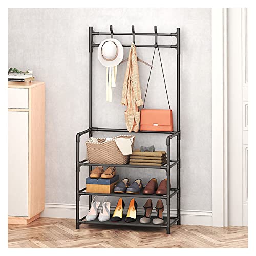 IMYOGI Exquisito Perchero Perchero Perchero Zapatero 3 En 1 Diseñado De Estante De Almacenamiento De Metal con Bolsa Abrigo Sombrero con Estante De 3 Niveles para Zapatos De Almacenamiento Ropa/Negro