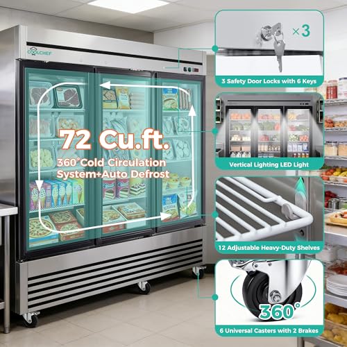 Image of 81 inch Commercial Freezer, 72 Cu.Ft Upright Freezer with 3 Glass Door, -8℉~0℉, Stainless Steel Reach-in Freezer, Fan Cooling Freezer with 12 Shelves for Garage Restaurant Bar, ETL and DOE Approved