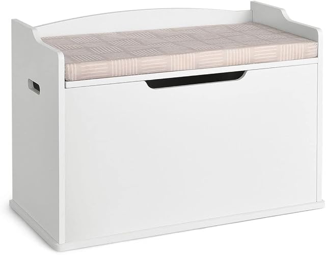 COSTWAY Wooden Toy Box, Kids Bench and Storage Chest with Cushion, Safety Hinged Lid & Handles, Children's Organizer Cabinet for Playroom Bedroom