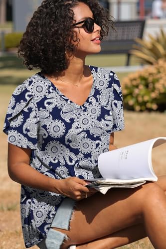 Image of CATHY 2026 Women Tops Summer Short Sleeve Tunic V Neck T-Shirts Loose Casual Floral Blouse S-4XL