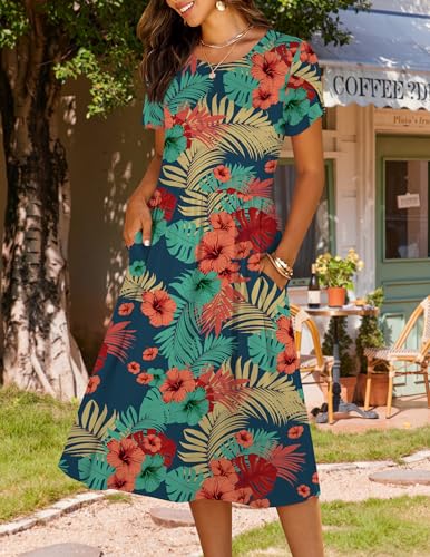 Image of HOTOUCH Women's Summer A-Line Midi Dresses 2026 Casual Floral Short Sleeve T-Shirt Dress Flowy Beach Sundress with Pockets