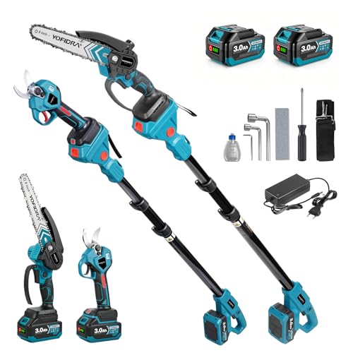 Yofidra Kit 4-en-1 d’Élagueuse et Tronçonneuse sur Perche, 8” Tronconneuse & 30 mm Sécateur Électrique Sans Fil, avec 2 Batteries 3,0 Ah, Portée...