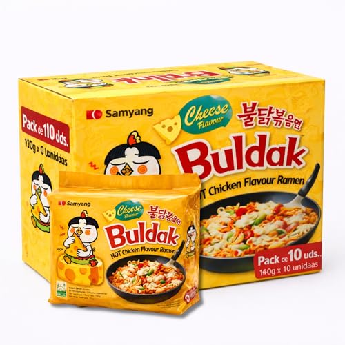 Ramen con fideos salteados con pollo picante Samyang Buldak, Hot Chicken Ramen Queso, Hot chicken ramen instantáneo muy rico y picante, Sabor a Queso, Pack 10 paquetes de 140g cada uno