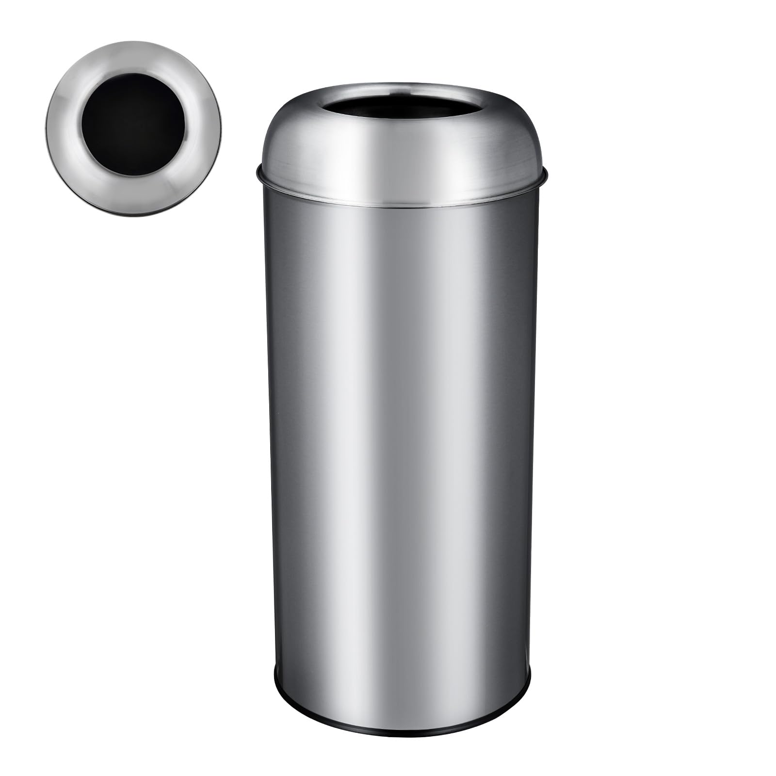 Trash Can with Round Open Top Garbage Can with Straight Pitch Lid Stainless Steel Matte Silver Heavy-Duty 17