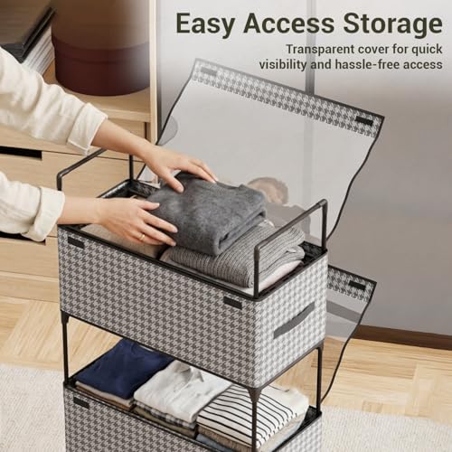 Image of Lukzer 4-Tier Clothes Organizer Basket with Wheels | Black & White Fabric with Metal Rolling Storage Shelf for Folded Clothes & Towels | Multipurpose Rack for Bedroom Closet & Laundry Room