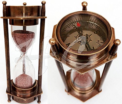 5" DECORATIVE BRASS SAND TIMER HOURGLASS WITH ANTIQUE MARITIME BRASS COMPASS