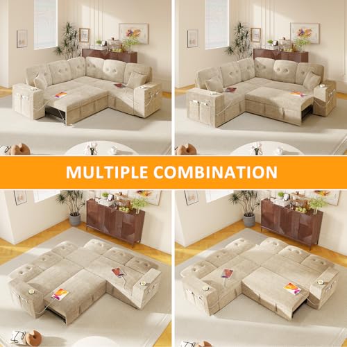 Image of Modular Sectional Sleeper Sofa with Pull Out Bed, 84 Inch L Shaped 5 Seat Couches for Living Room, Chenille Fabric Cloud Couch Bed with Storage & Reclining Backrest, USB Charging, Khaki