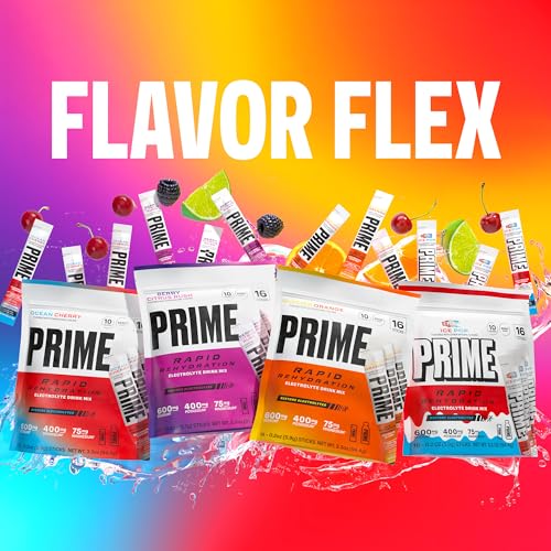 Image of Prime Rapid Rehydration Electrolyte Powder Sticks, Ocean Cherry, Sugar Free Hydration Drink Mix with Sodium, Potassium, Magnesium & B Vitamins to Replenish Fluids, Caffeine Free, 16 Count