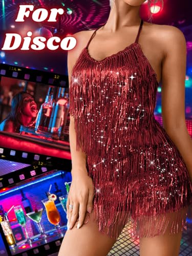 Image of Kaei&Shi Sequin Fringe Romper,Sparkly Glitter Metallic Jumpsuits For Women,Backless Shorts Dress Disco Birthday Dance Outfit