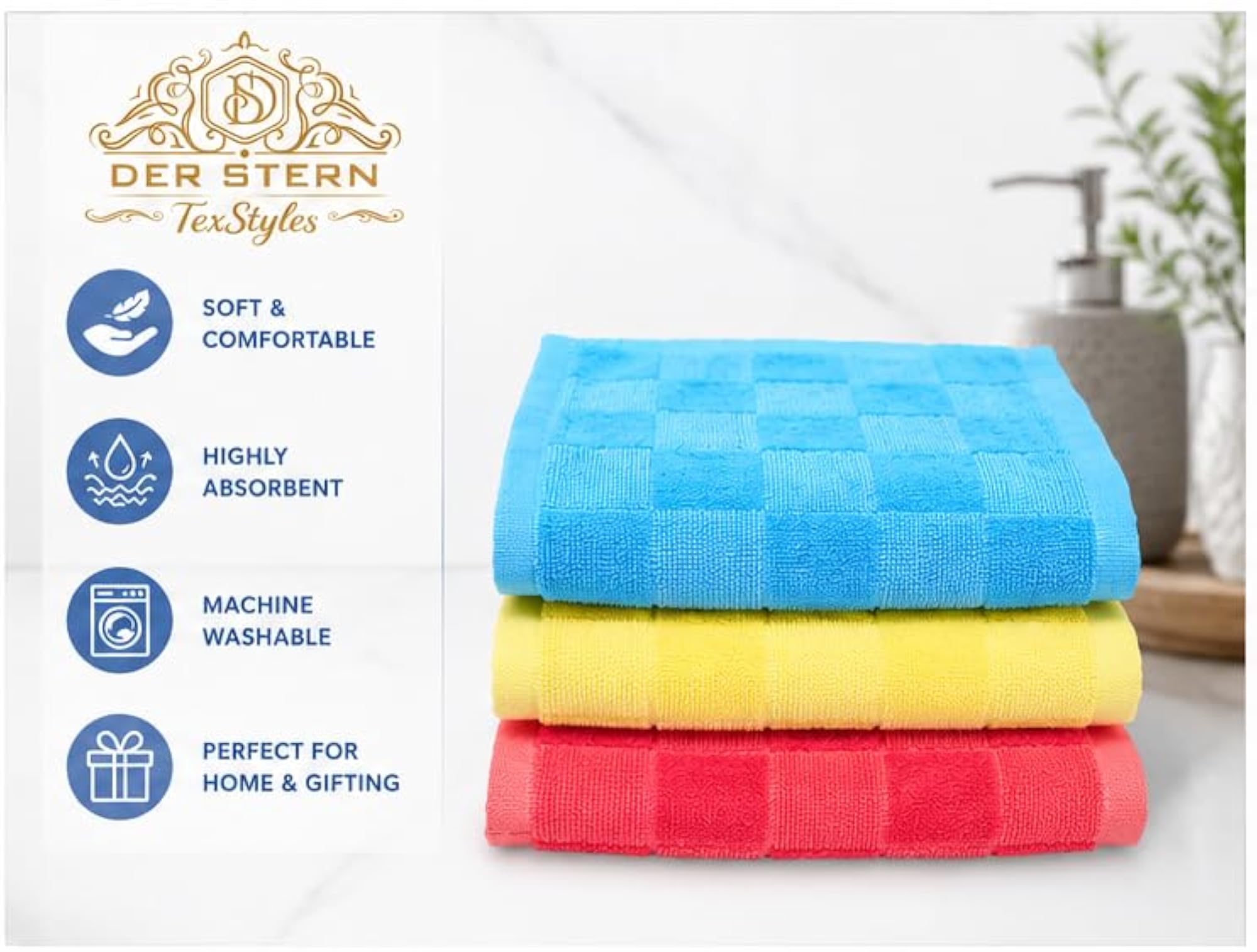 Set of 6 Premium Checkered Face Towels, 100% Cotton