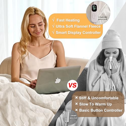 Image of IUUI Heated Blanket Electric King Dual Controller- 90x100 Inches Soft Flannel Heating Blanket,Fast Heating Blanket 6 Heating Levels & 2 Hours Auto Off ETL Certification (Cream, King)