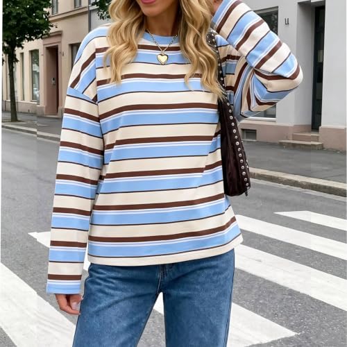 Oversized Sweatshirt for Women Striped Crewneck Sweatshirt Color Block Top - image 5