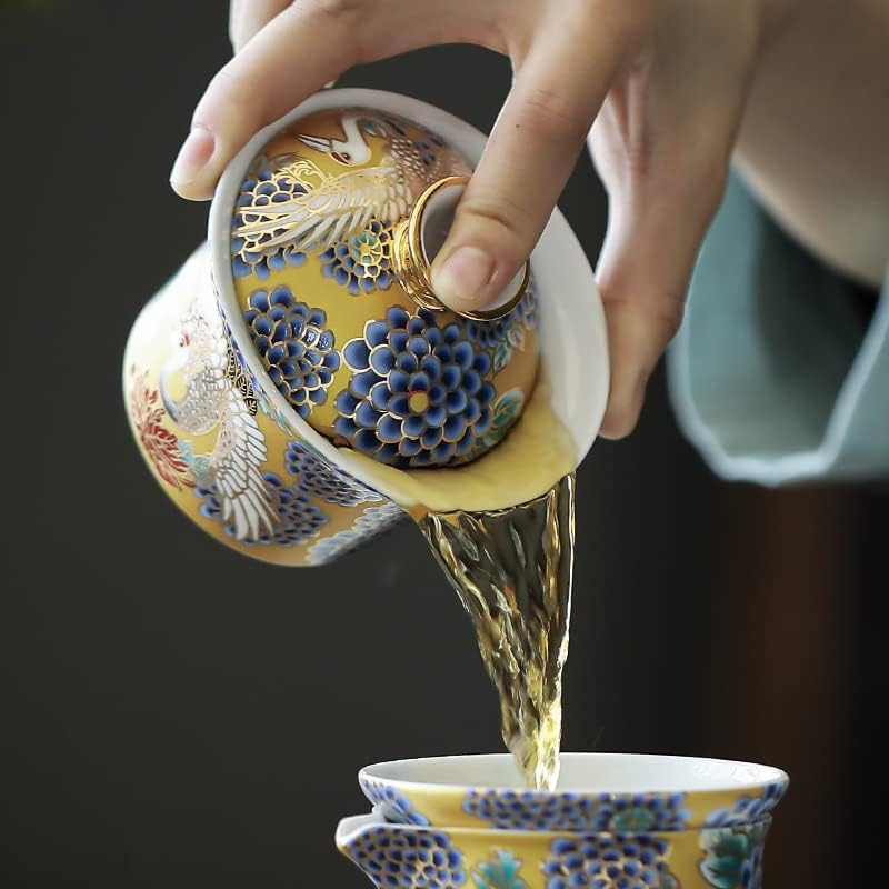 Miniatura 3 de Marea de grúa dorada pintada a mano con cuenco cubierto de esmalte juego de té Gaiwan con bandeja juego de té de porcelana Gaiwan para niñas