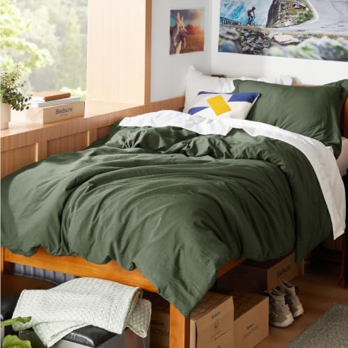 Image of Bedsure Prewashed Twin Duvet Cover, Cotton-Like Bedding Set, Olive Green | Ultra Soft, Relaxed Texture, Twin XL Breathable Comfort, Hidden Zipper, 8 Corner Ties, Easy Care, OEKO-TEX, Year-Round Use